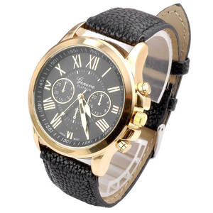 腕時計　ギリシャ文字　アナログ　ウォッチ クォーツ　金フレーム　クロノグラフ風　レザー　時計　ステンレス　メンズ　革ベルト ブラック
