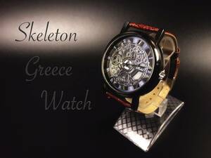 腕時計　ギリシャ文字　アナログ　ウォッチ クォーツ　ブラックフレーム　機械式　レザー　時計　ステンレス　メンズ　 革ベルト ブラウン