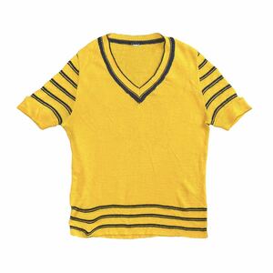 【1960〜70s】ユーロ　ビンテージ　半袖ニットセーター　Tシャツ　ライン　黄　古着　フランス