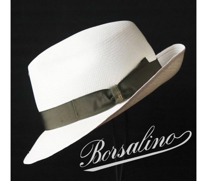 新品タグ付き【Borsalino ボルサリーノ 】高級ファイン パナマハット 麦わら帽子 ワイドブリム 白×黒 59 v1237 メンズファッション  帽子