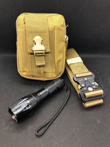 【アウトドア3点セット】ミリタリーポーチ&ベルト&LEDライトセット(カーキー色) LED懐中電灯 軍用 防災対策