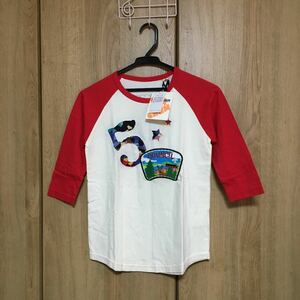 【新品】ポプシーチャム◆七分袖Tシャツ(白x赤 ワッペン)◆サイズS(140)◆5700円がお得！