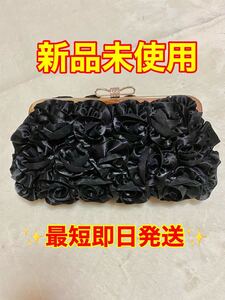 がま口ポーチ ワイヤーポーチ パーティバッグ ショルダーバッグ バッグ ローズ ブラック リボン ストーン 新品 未使用 極美品