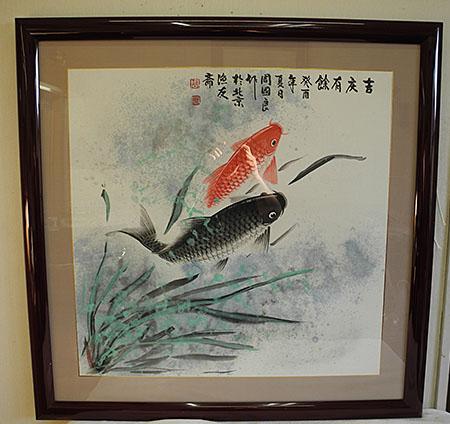 周國良 国良 中国画 中国美術 鯉 魚友 紙に彩色 中古, 美術品, 絵画, その他