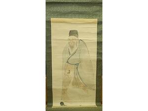 【大幅】 杏堂　掛軸　掛け軸　中古　骨角軸　紙に彩色 hanging scroll