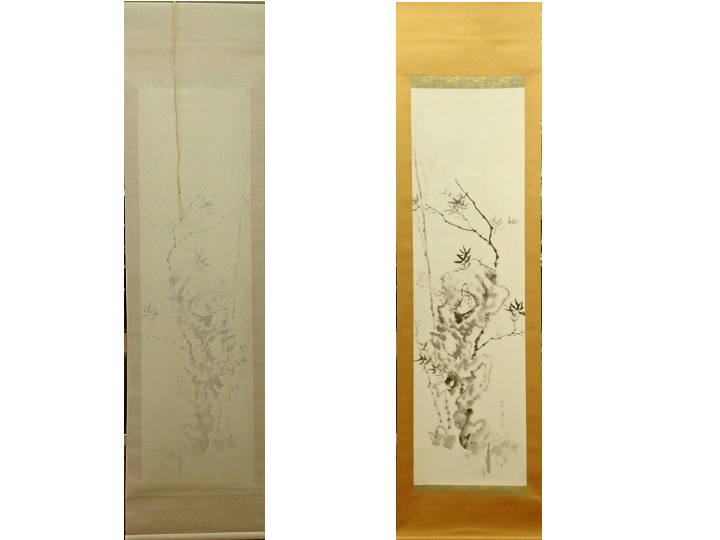 क्यू माचिडा जापानी पेंटिंग बांस पत्थर चित्रण स्याही बांस क्यू हैंगिंग स्क्रॉल कागज पर स्याही जापानी हैंगिंग स्क्रॉल प्रयुक्त शिंशु बॉक्स से मृत कलाकार, कलाकृति, चित्रकारी, स्याही पेंटिंग