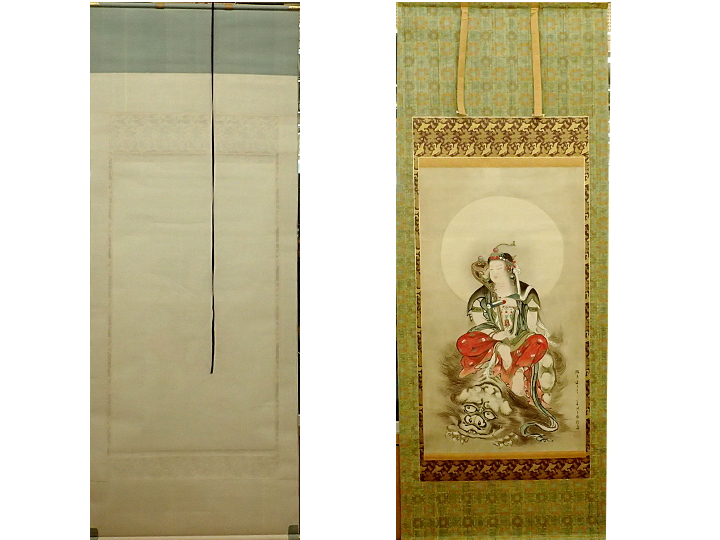 玉手菊洲 菊洲 文珠菩薩 仏画 呉道子筆 掛軸 掛け軸 紙に彩色 日本画 Japanese hanging scroll 中古, 絵画, 日本画, 人物, 菩薩