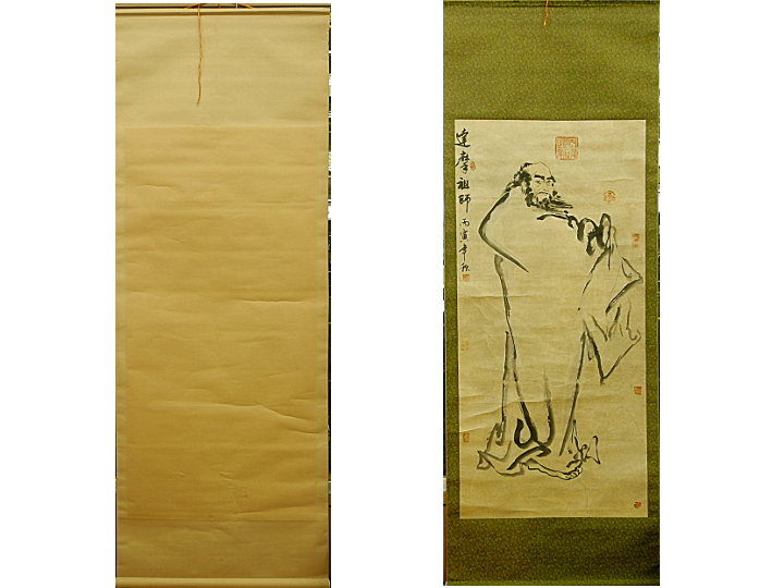 達磨祖師 中国画 在印 掛軸 掛け軸 達磨 ダルマ 紙に彩色 現代 インテリア 中古, 美術品, 絵画, 水墨画