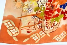 【送料無料】アンティーク　振袖　茶色　刺繍　花車　吉祥花　三つ紋　袷　大正ロマン　レトロ　海外　結婚式　仕立上がり　ｍ-2603_画像2