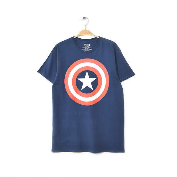 【送料無料】マーベル キャプテンアメリカ ロゴプリント 半袖 Tシャツ メンズM ネイビー 紺色 MARVEL 古着 BB0355