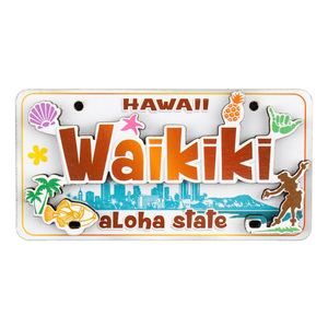 2Dマグネット ライセンスプレート Waikiki ワイキキ 高さ4×幅8.1cm 木製 磁石 冷蔵庫 お土産 ステーショナリー