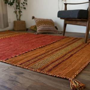 [送料込み] 手織り 幾何学 ラグマット インドキリム 200x250 3畳 ラストカラー たためる ラグ カーペット おしゃれ リビング マット 絨毯 