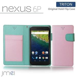 NEXUS 6PJMEI オリジナルマグネットバンド カード収納付 手帳型カバー 閉じたまま通話可 スマホケース 折りたたみ ライトピンク 53