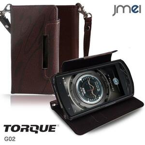 TORQUE G02 ケース レザー手帳型ケース ワイン(柄) エーユー au トルク カードポケット付き スマホカバー ストラップ付