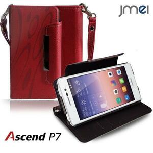 Ascend P7 手帳型ケース レッド(柄)アセンド p7 simフリー ストラップ付 カード収納付スマホケース