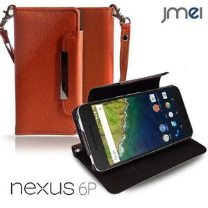 NEXUS 6P 手帳型ケース オレンジ(無地)ネクサス 6p simフリー ストラップ付 カード収納付スマホケース
