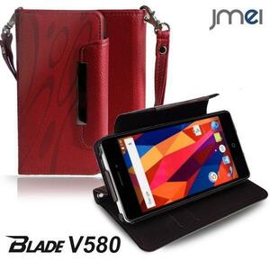 ZTE Blade V580 手帳型ケース レッド(柄)ブレード zte v580 simフリー ストラップ付 カード収納付スマホケース