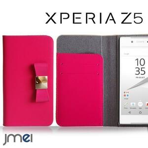 Xperia Z5 SO-01H ケース 本革レザーケース リボンフリップケース ホットピンク 73