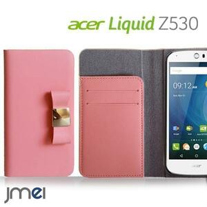 acer Liquid Z530 本革ケース リボンチャーム カード収納付スマホカバー ベルトなし マグネットなし ライトピンク 73