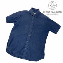 b170 BEAUTY&YOUTH ビューティアンドユース UNITED ARROWS 半袖 ボタンダウン シャツ トップス 羽織り 麻混 ネイビー系 M_画像1