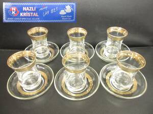 《食器》茶器「トルコ NAZLI KRISTAL 24KT GOLD：ティーセット グラス＋ソーサー 6客」 高さ：約8cm・口：約5.2cm ハンドメイド品