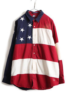 90s 大きいサイズ XL ■ トミーヒルフィガー 星条旗 モチーフ 長袖 シャツ ( メンズ ) 古着 90年代 オールド TOMMY HILFIGER クレイジー