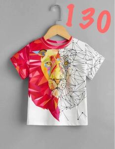 【人気柄】半袖Tシャツ　ライオンと幾何学模様プリント　レッド　赤　130