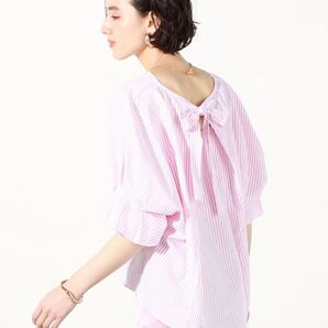 ノーリーズ WEB限定 バックリボン袖タックブラウス ストライプ ピンク 新品タグ付き