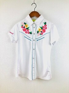 吸水速乾 VIVA HEART ビバハート レディース ブラウス 半袖 Tシャツ ホワイト 白 花柄 刺繍 40 M 相当 機能素材 golf ゴルフ スポーツ