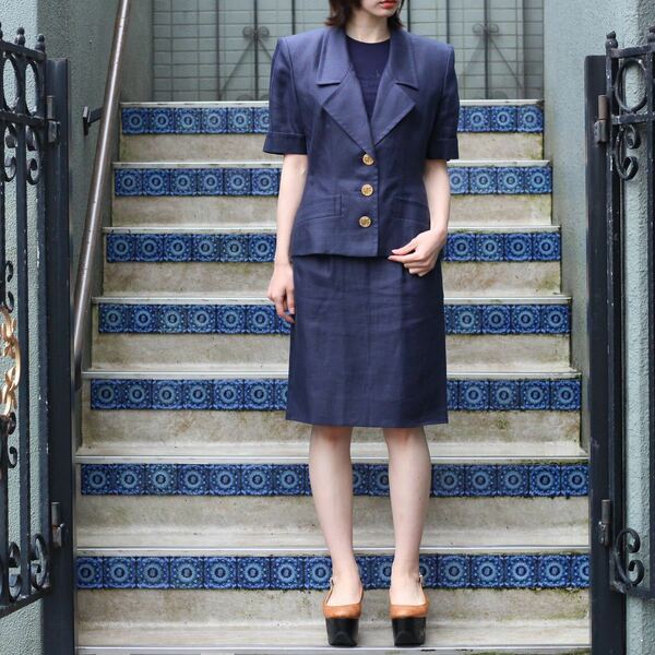 YVES SAINT LAURENT HALF SLEEVE GOLD BUTTON LINEN SET UP SUIT/イヴサンローラン半袖金ボタンリネンセットアップ