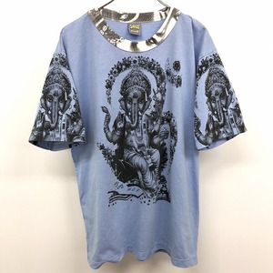 SPACE BLUE - - メンズ インポート古着 Tシャツ プリント ヒンドゥー教 ガネーシャ 象 ゾウ 花 富の神 商業の神 学問の神 半袖 綿100% 紺