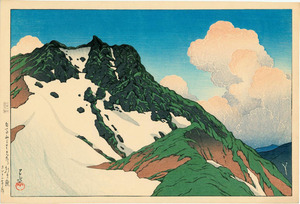 川瀬巴水　版画　旅みやげ三集　白馬山　朝日嶽　大正十三年　原寸サイズ：39.3x26cm　複製 ◆新版画　小原古邨　吉田博