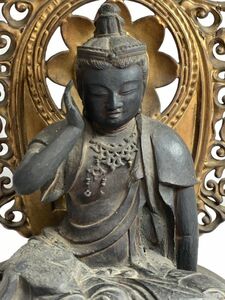 旧家蔵出 時代 木彫観音像 重さ1101g 光背 座像 仏像 釈迦如来坐像 仏教美術