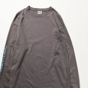 90's USA製 アンビル 袖プリント 企業物 コットン ロングスリーブ Tシャツ 濃灰 (M) ロンT 袖プリ 90年代 アメリカ製 旧タグ オールド