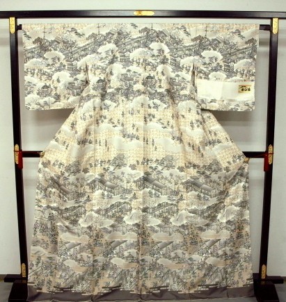 加賀風の花模様・白山紬・ブルー訪問着・美品・作家「峰山」印 Q-10