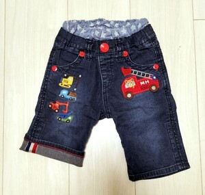 ミキハウス ダブルビー デニムハーフパンツ ダブルB 豪華刺繍ワッペン 消防車 バス 90 半ズボン