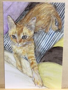 Art Auction Original Hand-Drawn artwork illustration postcard cat child 2⑤ cat kitten brown tabby watercolor painting reproduction [Shizuka Aoki], comics, anime goods, hand drawn illustration