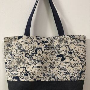 スヌーピー ネイビー×デニム ハンドメイド 肩掛け 大きめトートバッグ