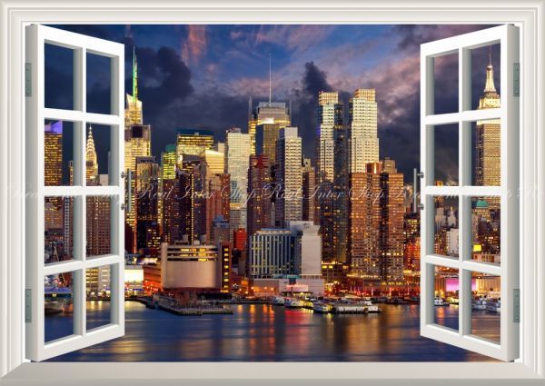 [Especificaciones de la ventana] Vista nocturna de la bahía de Nueva York Vista nocturna de Mahattan Póster de papel tapiz estilo pintura Versión extra grande A1 830 x 585 mm Etiqueta despegable tipo 020MA1, impresos, póster, otros