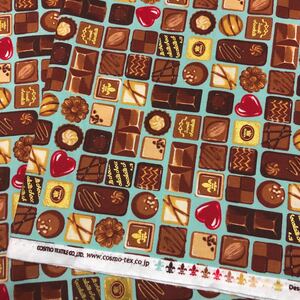 ラメ入りチョコレート柄★シーチング★コスモテキスタイル★ミント★1m 生地はぎれ
