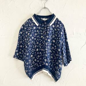  Vintage navy silk pattern polo-shirt 