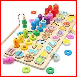 釣りおもちゃ 立体パズル Bajoy 形の認知 色の認識 色々遊び方の木製おもちゃ 数字認知 木のおもちゃ ちいく玩具 5in1 木製パズル