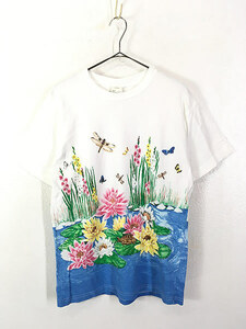  lady's old clothes 90-00s lotus. flower butterfly . dragonfly turtle nature scenery paint art print T-shirt M old clothes 