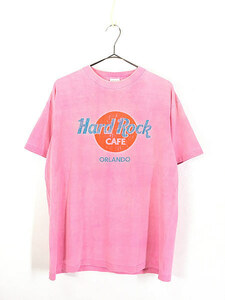 古着 90s USA製 Hard Rock Cafe 「ORLANDO」 ネオン 両面 ハードロック Tシャツ ピンク XL位 古着