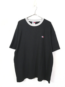 古着 90s TOMMY JEANS ワンポイント 刺しゅう リンガー Tシャツ 黒 XL 古着