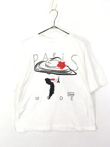 レディース 古着 80s Danhilo 「PARIS MODE」 お洒落 エレガント 女性 BIG プリント Tシャツ L 古着