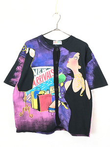  lady's old clothes 90s shopping ma dam all over hand paint cardigan T-shirt M rank old clothes 