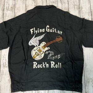 GOLDEN LOBBY ゴールデンロビー ボーリングシャツ Frying Guitar Rock'n Roll 刺繍 チャイナ風 半袖シャツ レーヨン70% 麻30%