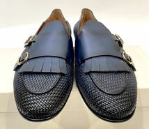 未使用 SANTONI 16078 編み込みレザー ダブルモンクストラップレザーシューズ サントーニ ドレス ローファー スリッポン ネイビー 8 JA-E_画像2