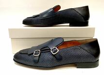 未使用 SANTONI 16078 編み込みレザー ダブルモンクストラップレザーシューズ サントーニ ドレス ローファー スリッポン ネイビー 8 JA-E_画像5